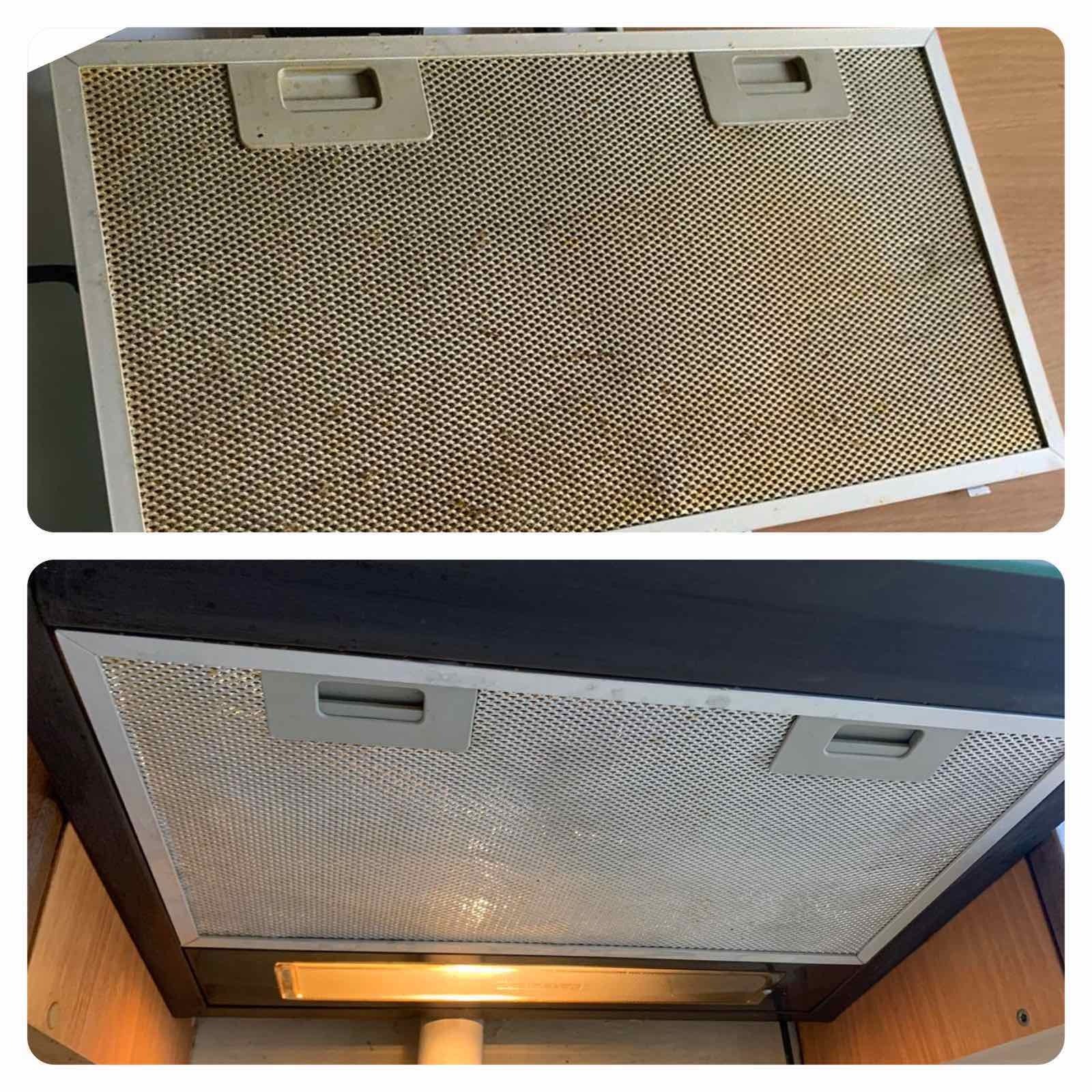 Filtr okapu kuchennego przed i po czyszczeniu, widoczne znaczące różnice w czystości siatki.