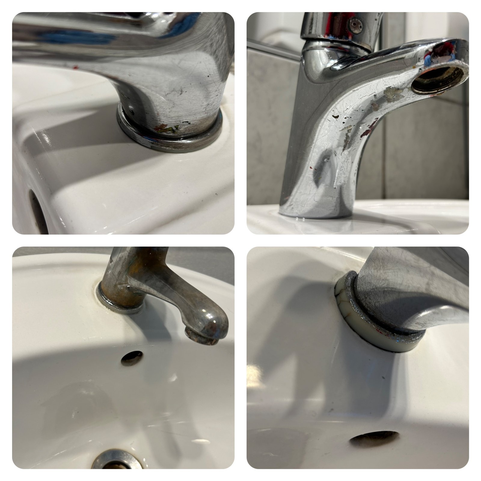Kolaż czterech zbliżeń na umywalkę z widocznymi śladami kamienia i rdzy na baterii oraz wokół odpływu.