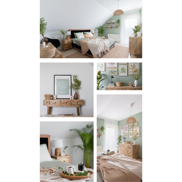 Jasna sypialnia na poddaszu w stylu naturalnym z drewnianymi meblami, roślinami doniczkowymi i galerią obrazków na ścianie.