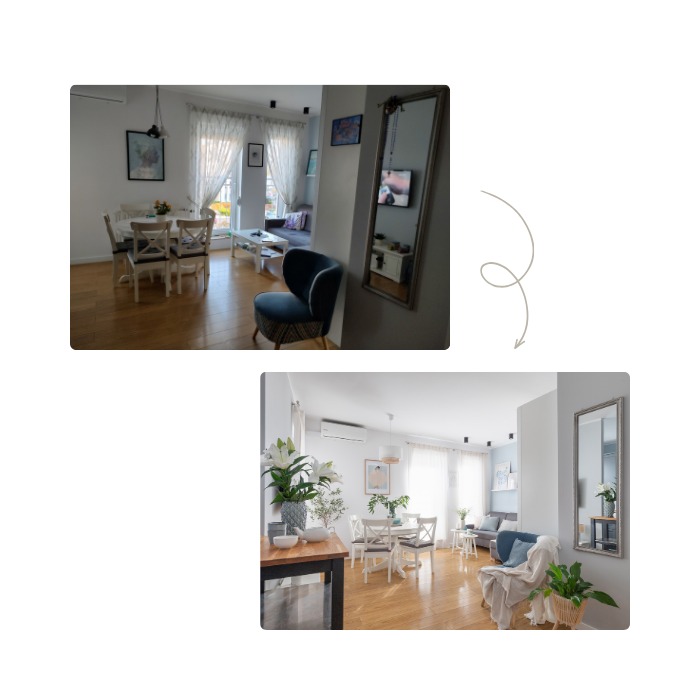 Porównanie aranżacji wnętrza: przed i po home stagingu. Na górnym zdjęciu ciemniejsze meble i mniej dodatków, na dolnym jaśniejsze kolory, rośliny i dekoracje.