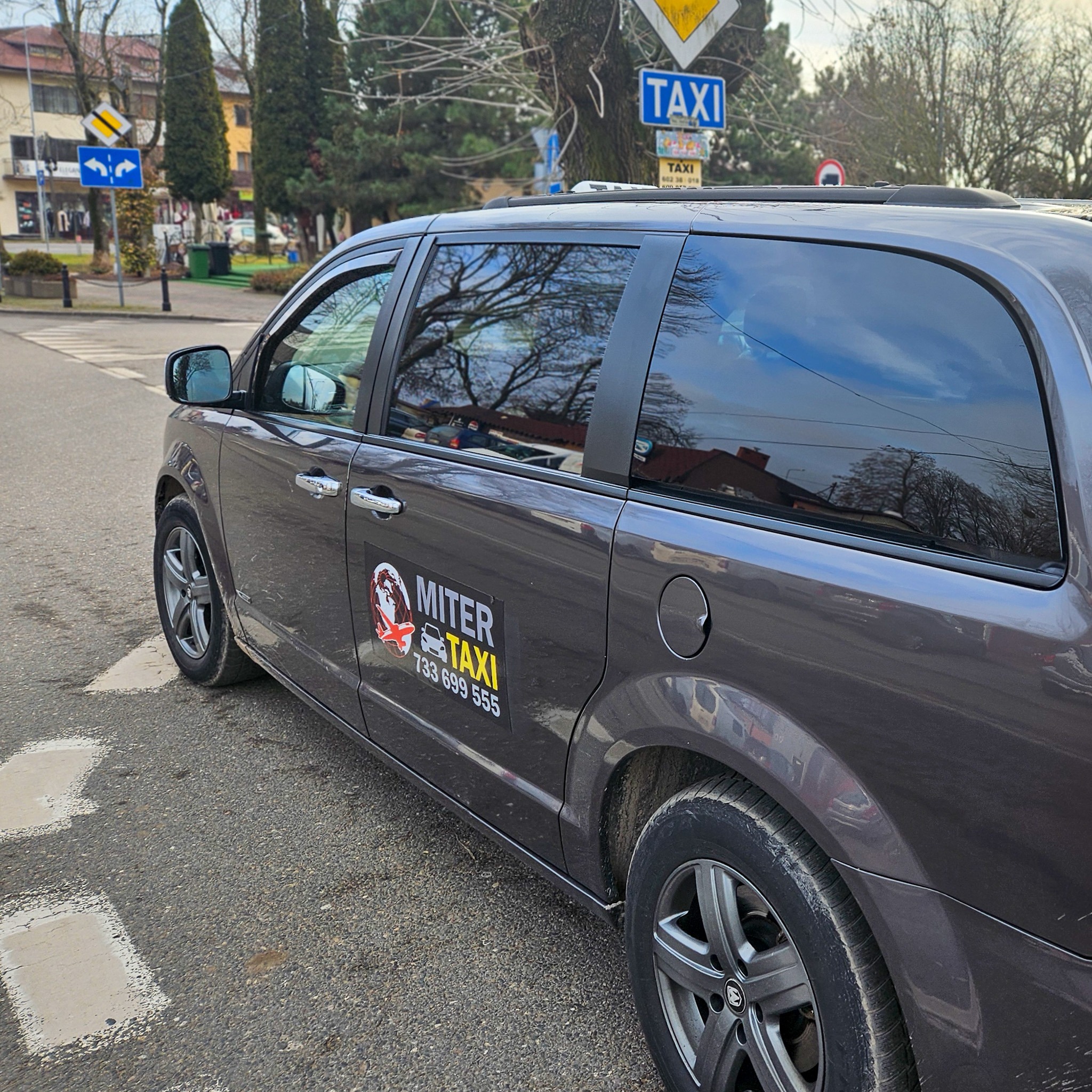 Szary minivan z naklejką reklamową taksówki 'MITER TAXI' na boku, stojący na ulicy w pobliżu znaku 'TAXI'.