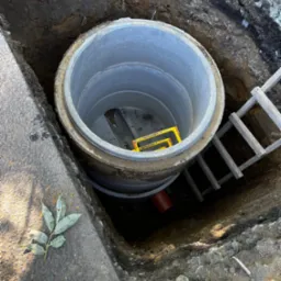 Betonowa studzienka kanalizacyjna w wykopie, widoczna drabina drewniana i poziomica, obok liść na asfalcie.