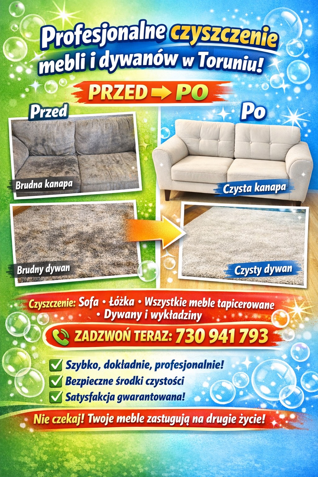 Profesjonalne czyszczenie mebli i dywanów w Toruniu. Porównanie 'przed' i 'po': brudna kanapa i dywan kontra czysta kanapa i dywan. Zadzwoń teraz!
