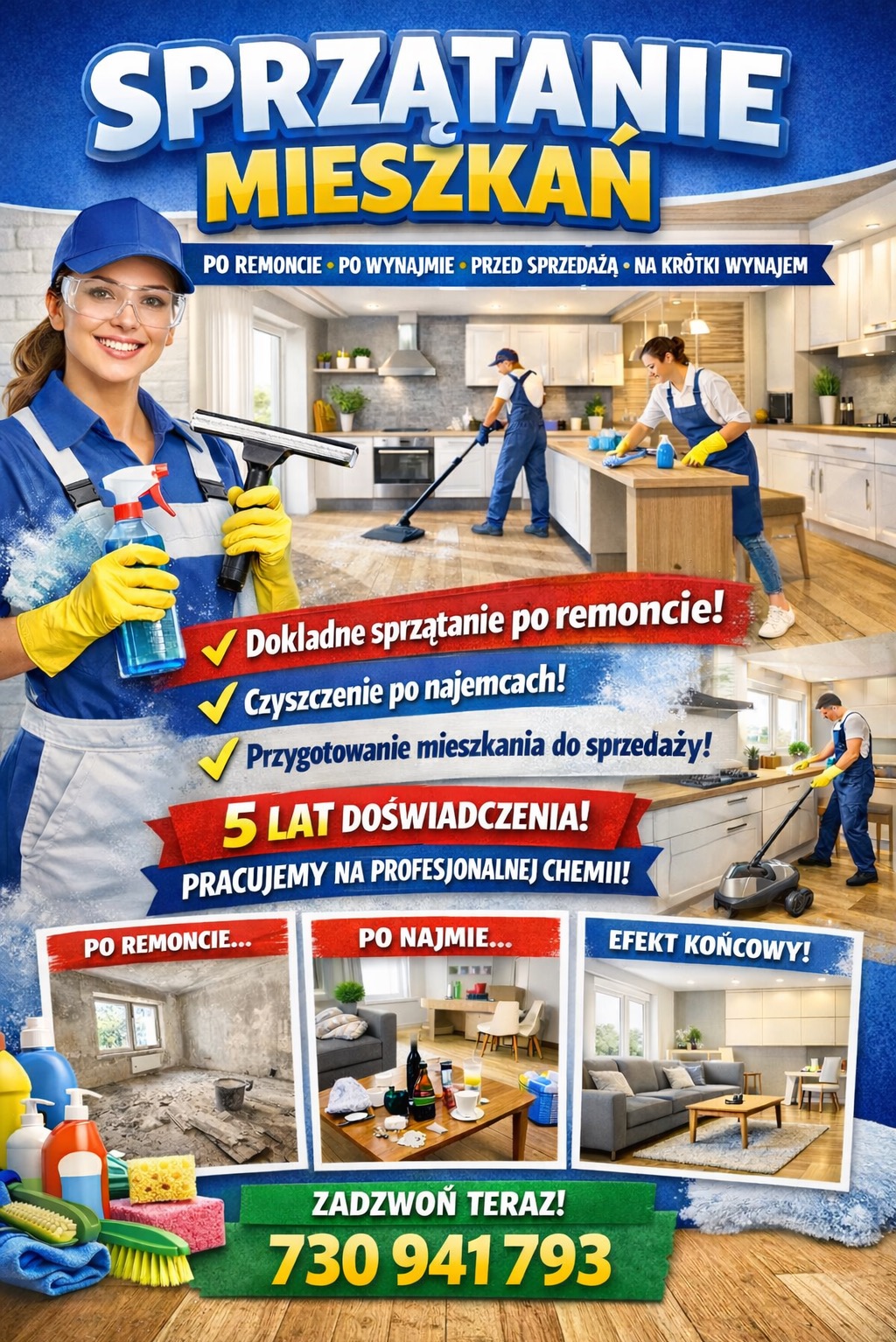 Plakat reklamowy: Sprzątanie mieszkań po remoncie, wynajmie, przed sprzedażą. Uśmiechnięta kobieta z płynem i myjką, ekipa sprzątająca kuchnię, zdjęcia przed i po. Numer telefonu.