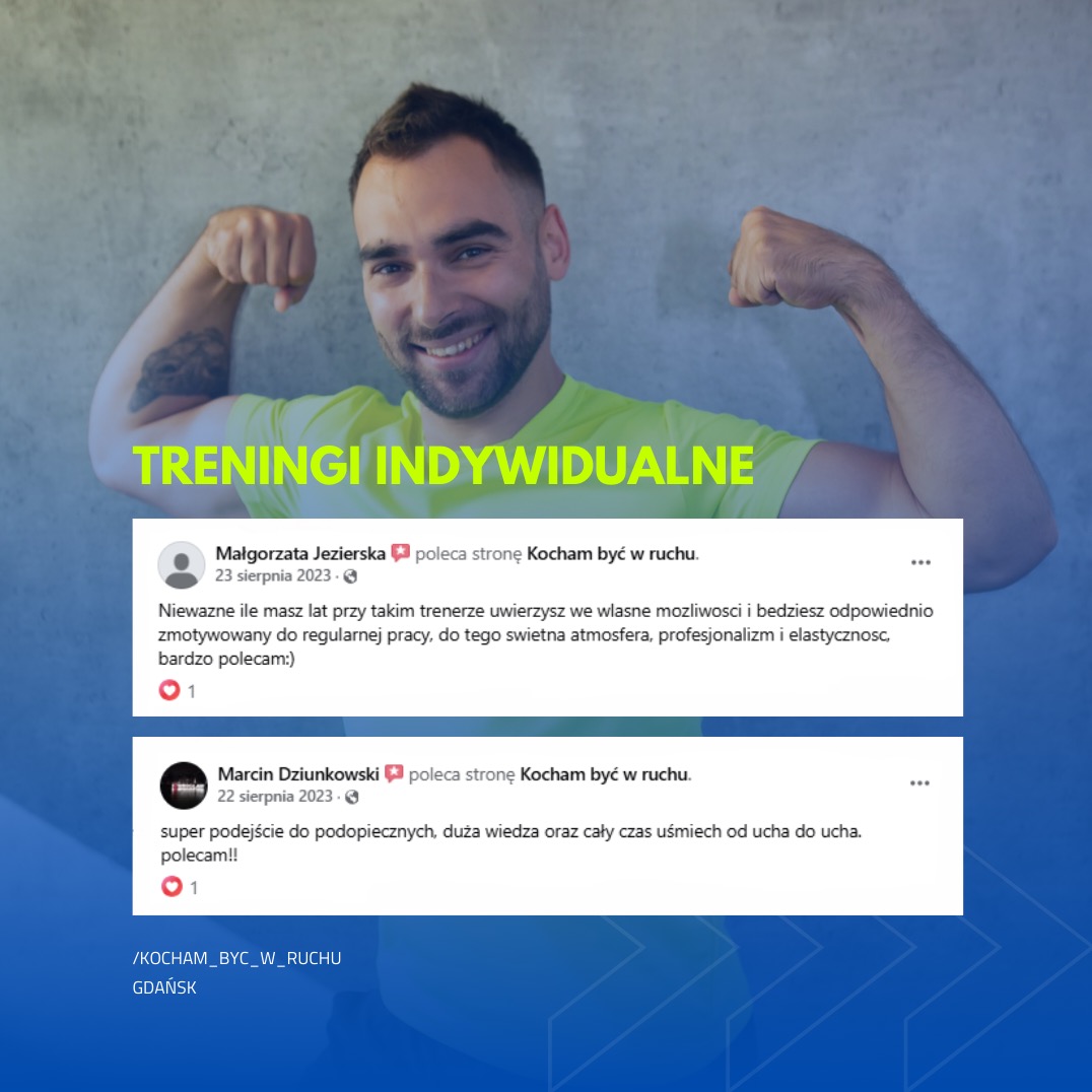 Uśmiechnięty mężczyzna prezentuje muskulaturę na tle komentarzy promujących treningi indywidualne.