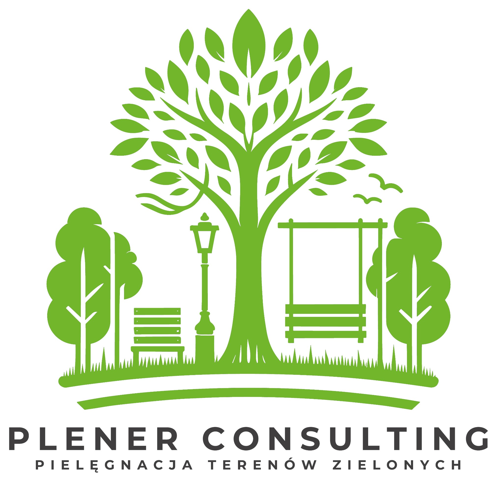 Graficzne logo firmy Plener Consulting z motywem drzewa, ławki, huśtawki i lampy parkowej w odcieniach zieleni, symbolizujące dbałość o tereny zielone.