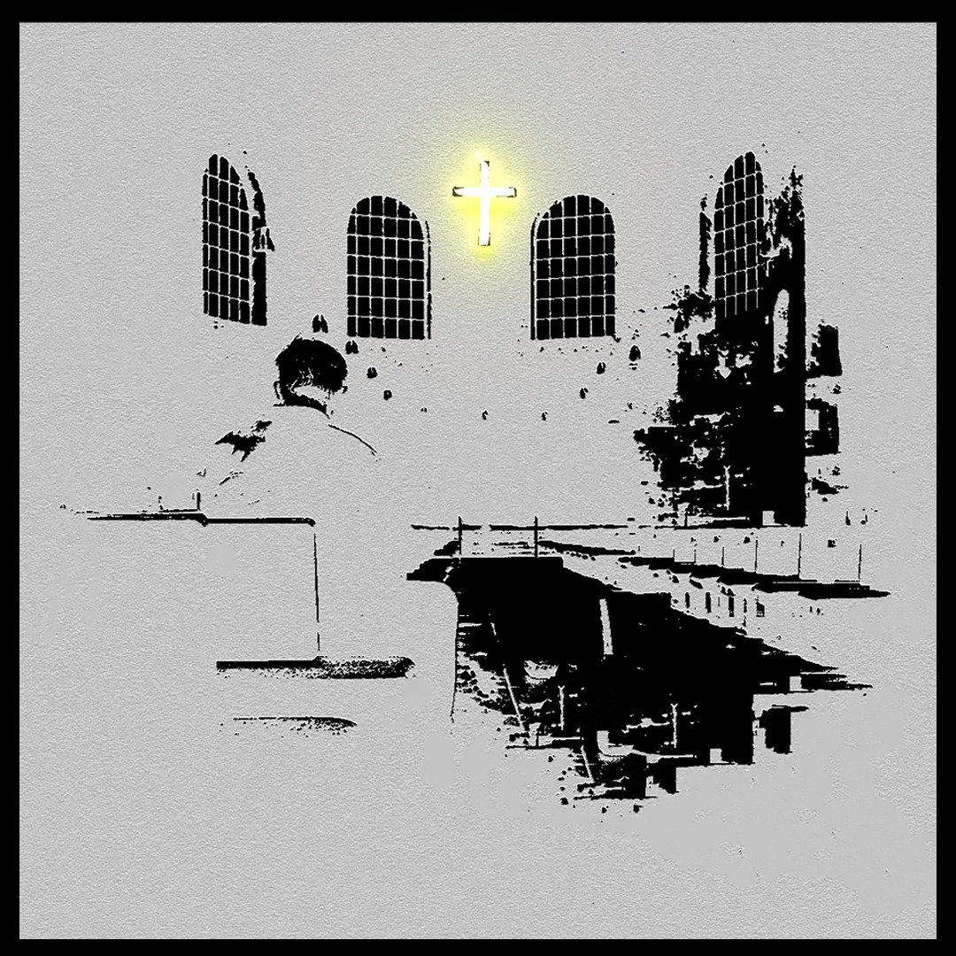 Stylizowana grafika przedstawiająca wnętrze kościoła z trzema oknami łukowymi, podświetlonym krzyżem i sylwetką osoby siedzącej w ławce.