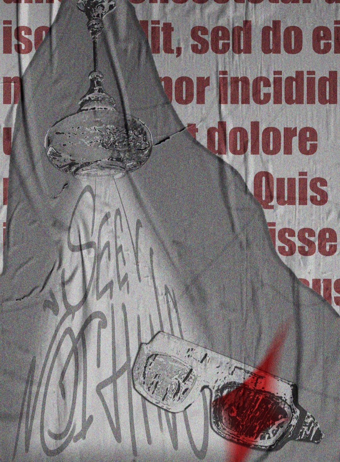 Abstrakcyjna grafika z wizerunkiem lampy, okularów i napisu 'See Nothing' na tle tekstu lorem ipsum i pogniecionego materiału.