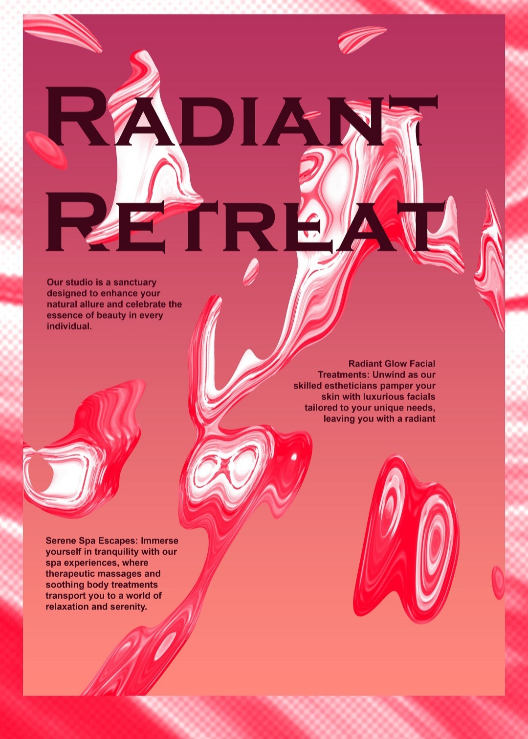 Abstrakcyjna grafika w odcieniach czerwieni i bieli, reklamująca salon spa 'Radiant Retreat' w Karlino, oferujący zabiegi na twarz i ciało, z tekstem o relaksie i poprawie urody.