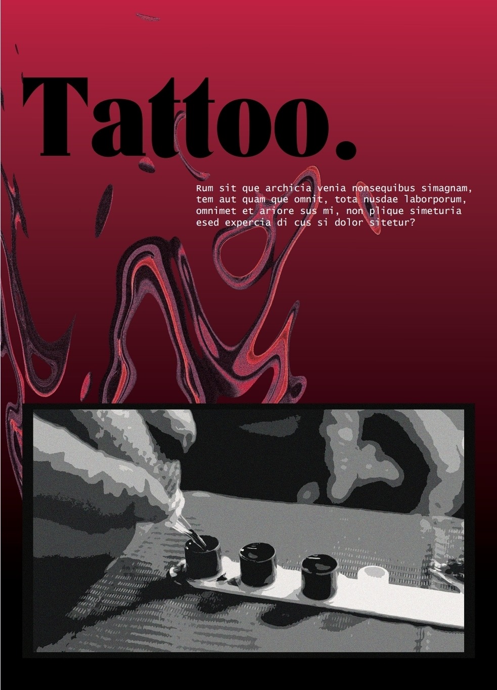 Artystyczna grafika w odcieniach czerwieni i czerni z napisem 'Tattoo.', poniżej dłoń artysty przygotowującego tusz do tatuażu w małych pojemnikach.