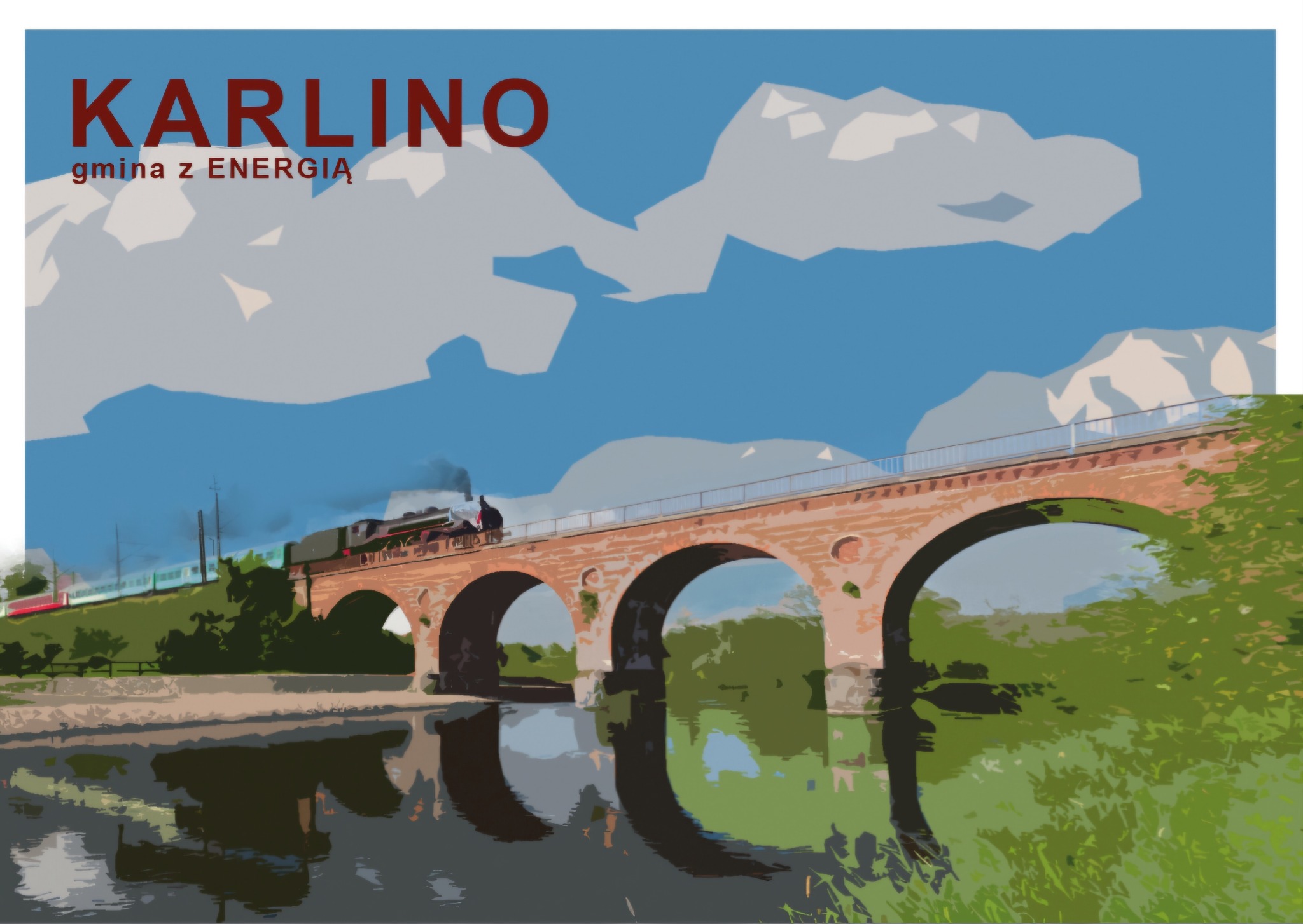 Stylizowana grafika przedstawia krajobraz z ceglanym mostem łukowym, po którym jedzie pociąg parowy; w tle błękitne niebo z obłokami; w dolnej części odbicie mostu w wodzie; u góry napis 'KARLINO...