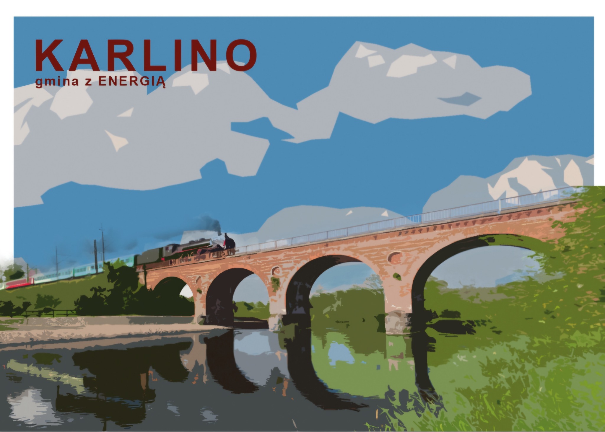 Stylizowana ilustracja przedstawiająca ceglany wiadukt kolejowy z parowozem, odbijający się w wodzie, na tle błękitnego nieba z białymi chmurami i napisem 'KARLINO gmina z ENERGIĄ' w górnej części...