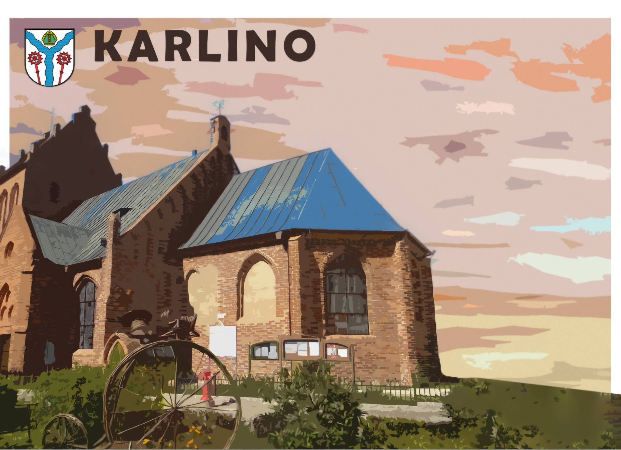 Grafika przedstawia kościół w Karlinie z herbem miasta i napisem 'Karlino' na tle stylizowanego nieba.