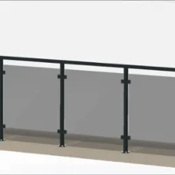 Wizualizacja 3D nowoczesnej balustrady balkonowej ze stali i szkła, czarne profile, minimalistyczny design.
