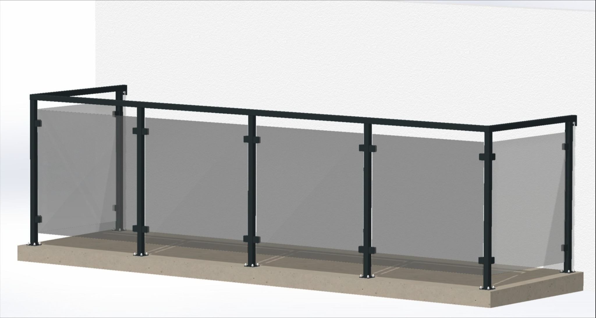 Wizualizacja 3D nowoczesnej balustrady balkonowej ze stali i szkła, czarne profile, minimalistyczny design.