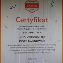 Certyfikat Oferteo Najlepsi 2025 dla Piotra Malinowskiego, potwierdzający wysoką jakość świadczonych usług i zadowolenie klientów.
