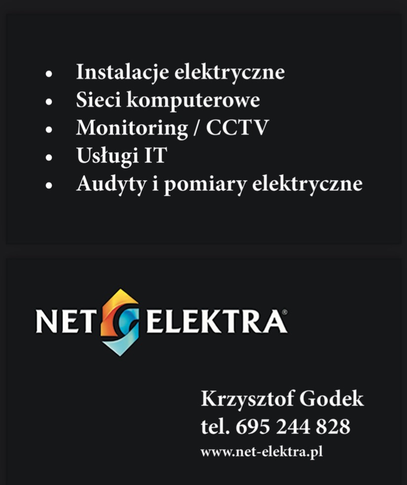 Wizytówka firmy Net Elektra z listą usług: instalacje elektryczne, sieci komputerowe, monitoring CCTV, usługi IT, audyty i pomiary elektryczne, logo firmy oraz dane kontaktowe Krzysztofa Godka.