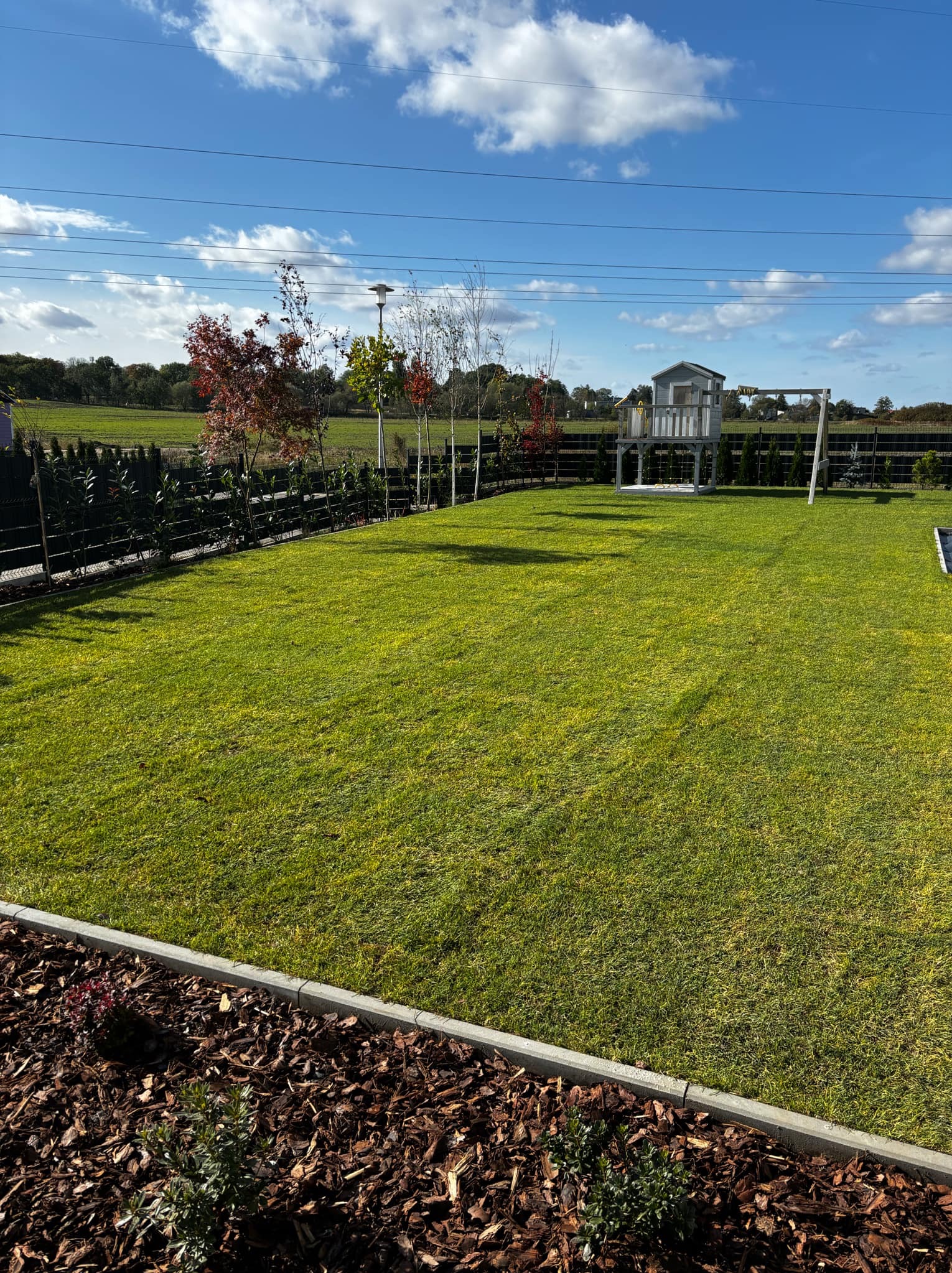 Zadbany trawnik z rolki w Mikołowie, obrzeża z kostki, młode drzewa, drewniany plac zabaw w tle, widok na zadbane ogrodzenie i zieleń za nim.