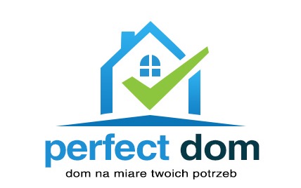 Logo firmy 'perfect dom' przedstawiające stylizowany niebieski dom z zielonym symbolem akceptacji, podpisane hasłem 'dom na miarę twoich potrzeb'.