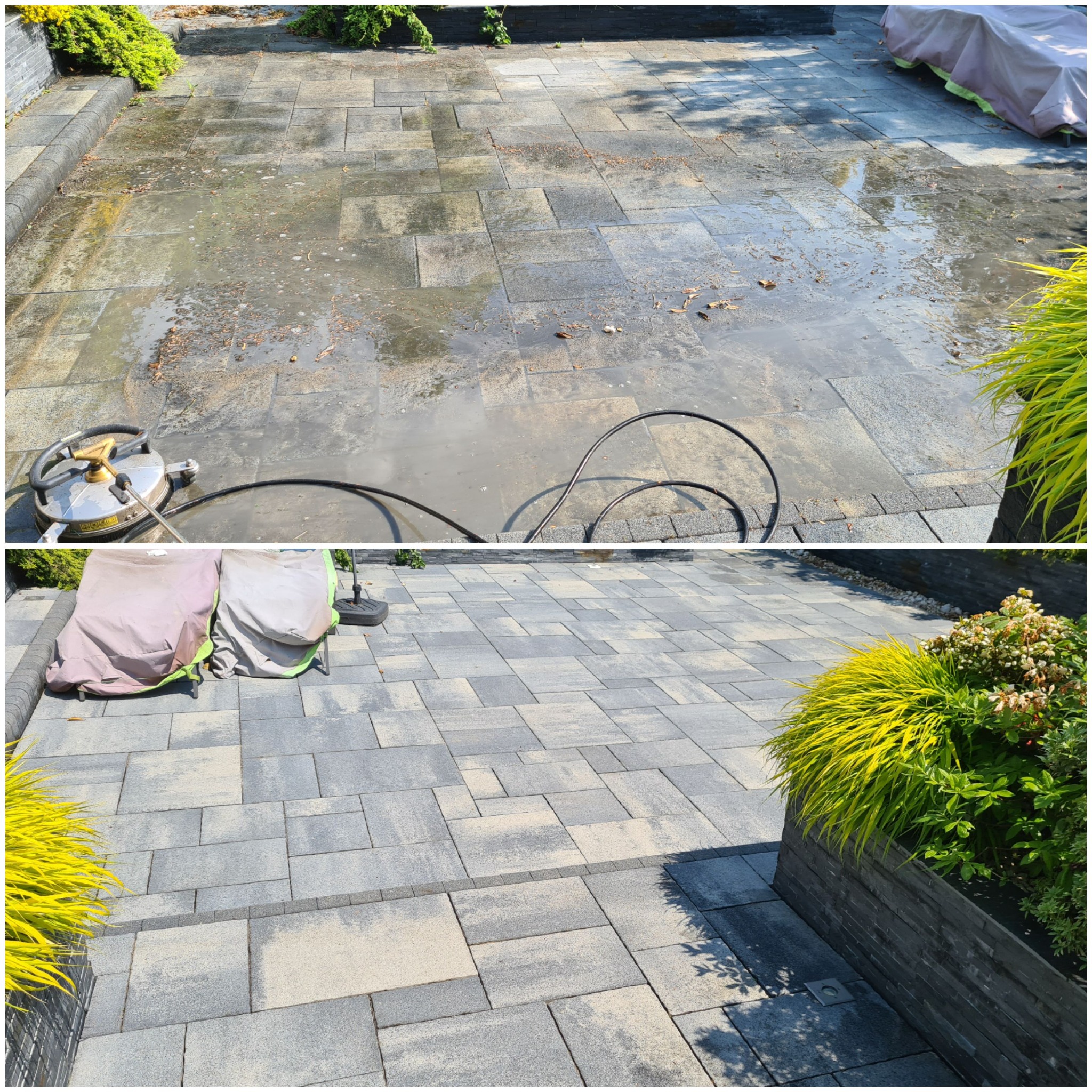 Porównanie kostki brukowej przed i po czyszczeniu myjką ciśnieniową; widoczne różnice w odcieniach i usunięte zabrudzenia.