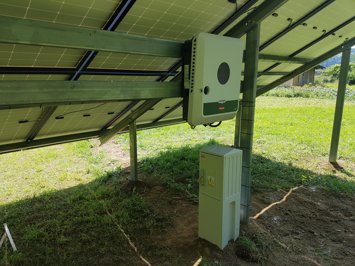 Widok od spodu na panele słoneczne, falownik Fronius zamontowany na konstrukcji oraz skrzynka elektryczna na trawie w Sromowcach.