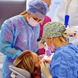 Zespół stomatologiczny w trakcie zabiegu u pacjentki. Lekarze w strojach ochronnych, oświetlenie dentystyczne i narzędzia. Widoczna blond kobieta na fotelu dentystycznym.