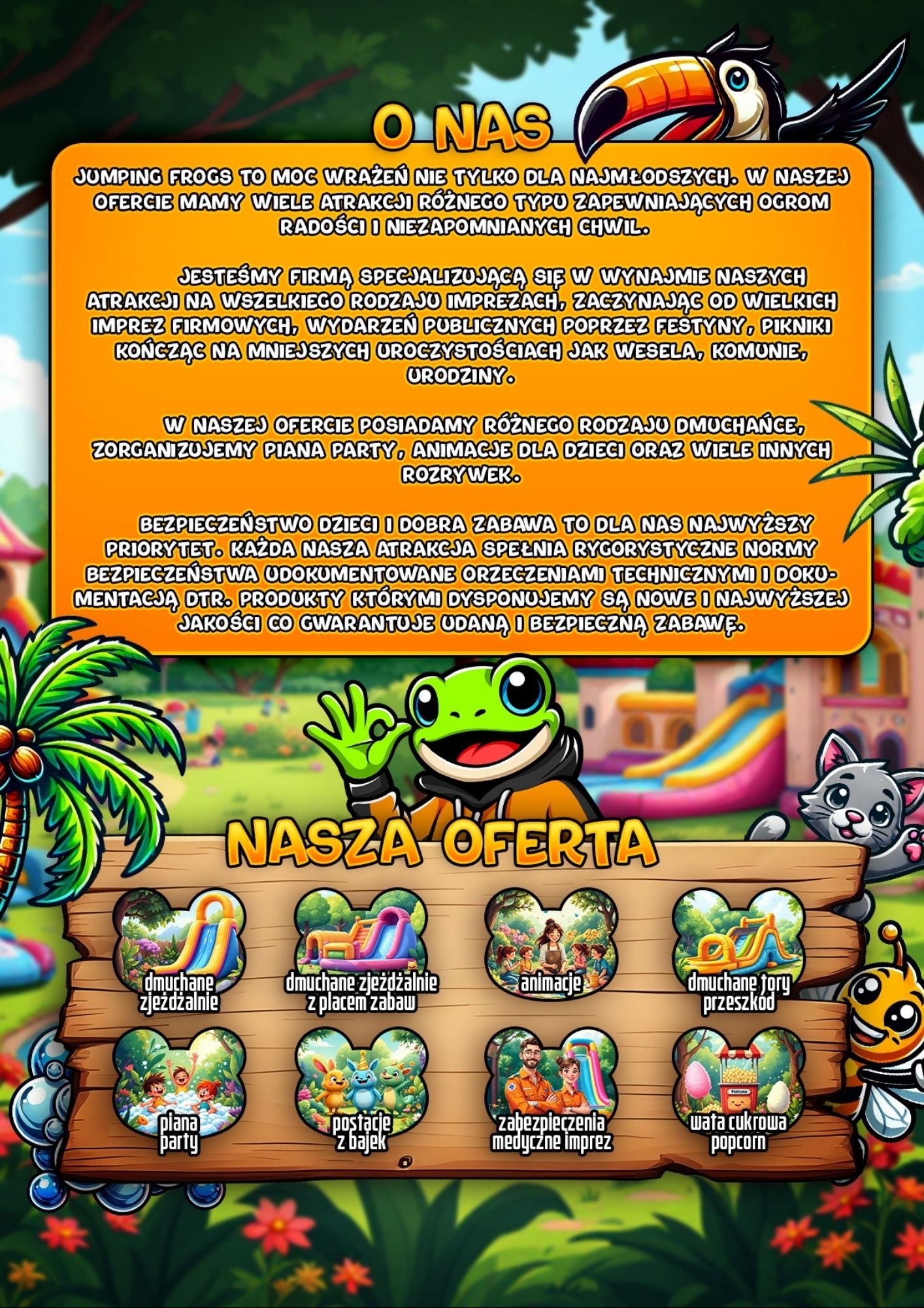 Grafika reklamowa firmy oferującej atrakcje dla dzieci, prezentująca ofertę dmuchańców, animacji, piany party, postaci z bajek, zabezpieczenia medyczne imprez oraz watę cukrową i popcorn.