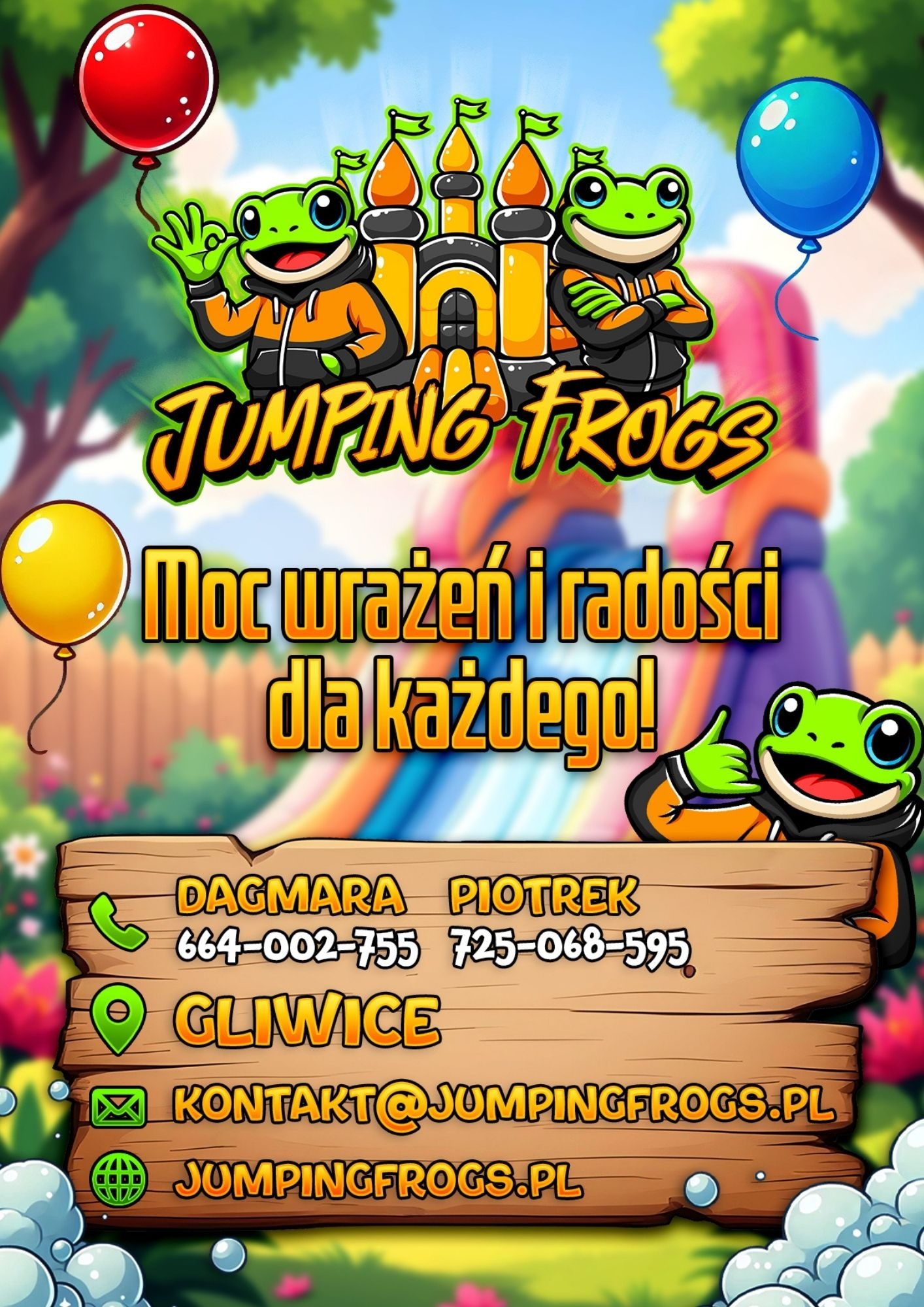 Ilustracja z kreskówkowymi żabami w bluzach, zamkiem i balonami, promująca firmę 'Jumping Frogs' z Gliwic, oferującą moc wrażeń i radości dla każdego, z numerami telefonów i adresem e-mail...