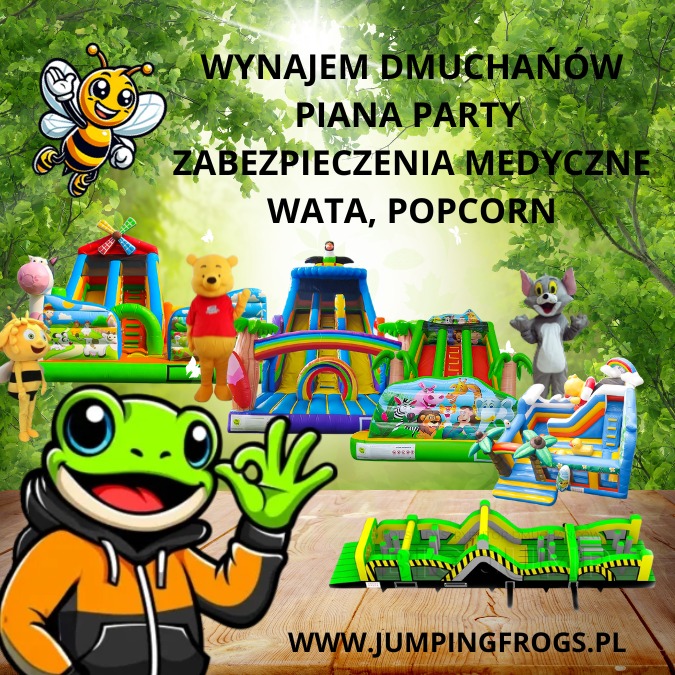 Kompozycja graficzna z różnorodnymi dmuchanymi zamkami, postaciami z bajek i logo firmy z żabą, na tle drzew i hasłami reklamowymi.