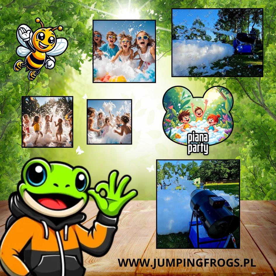 Kompozycja z ilustracjami: dzieci bawiące się w pianie, maszyna do piany na trawie, logo firmy z motywem dziecięcym, pszczoła i żaba w bluzie, całość na tle zieleni i drewnianego blatu.