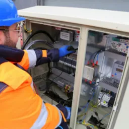 Elektryk w niebieskim kasku i pomarańczowej kurtce, w trakcie pracy przy skrzynce elektrycznej z licznikiem i bezpiecznikami, widoczne przewody i elementy sterujące.