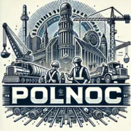 Ilustracja przedstawia panoramę miasta w stylu szkicu technicznego, z dźwigami budowlanymi, ciężar&oacute;wkami i robotnikami w kaskach, całość utrzymana w odcieniach bieli i granatu, pod napisem 'POLNOC'.