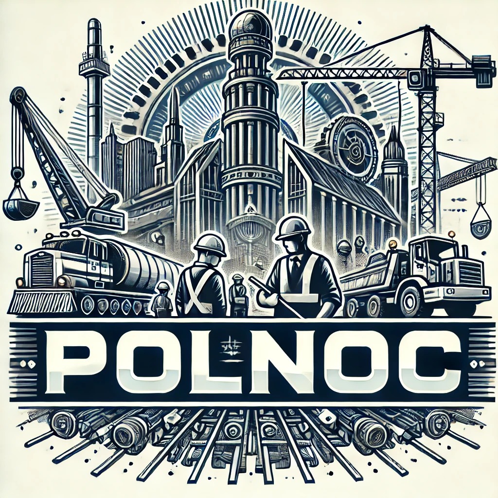 Ilustracja przedstawia panoramę miasta w stylu szkicu technicznego, z dźwigami budowlanymi, ciężarówkami i robotnikami w kaskach, całość utrzymana w odcieniach bieli i granatu, pod napisem 'POLNOC'.