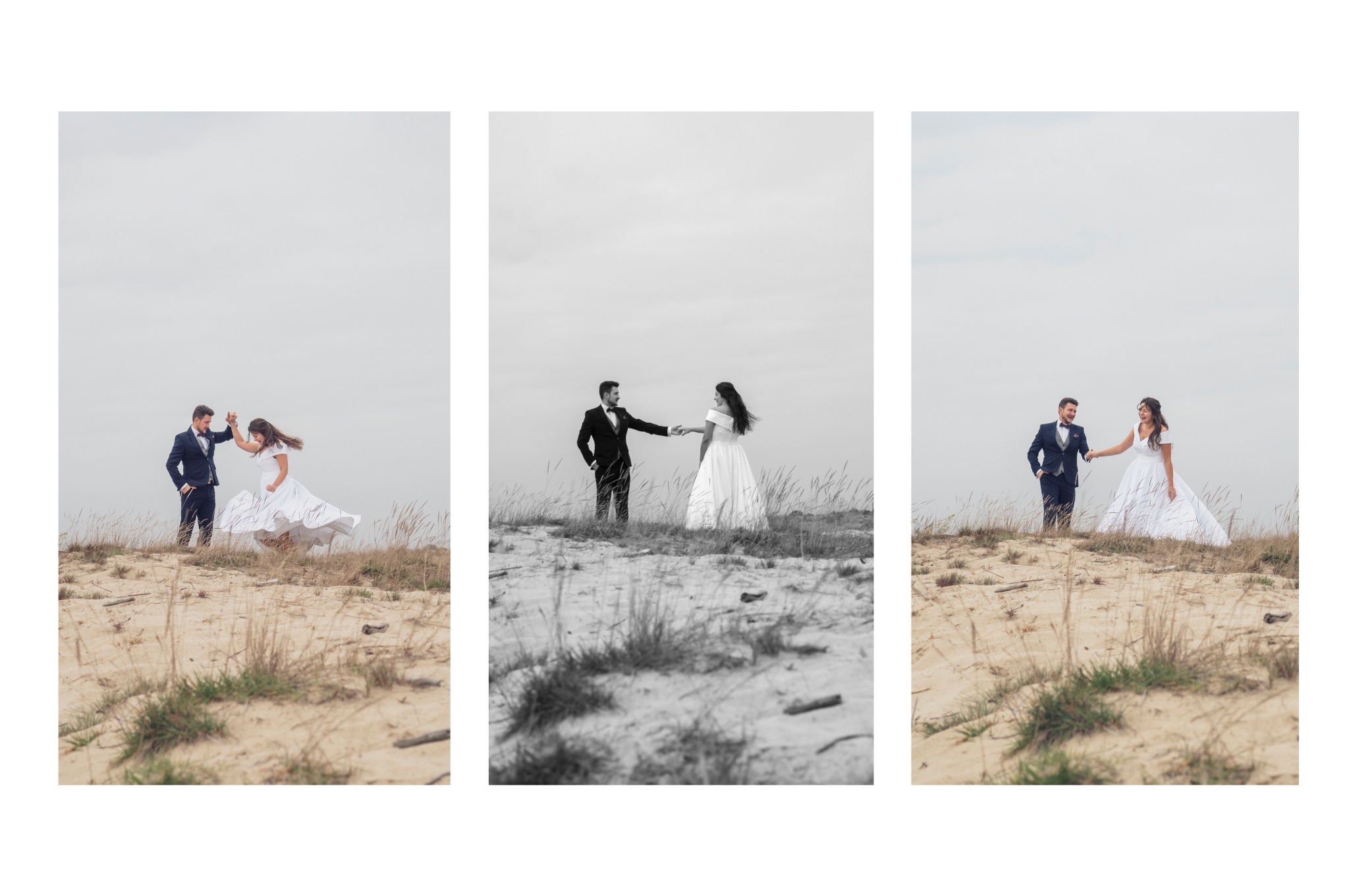 Kolaż trzech ujęć pary młodej na tle piaszczystego wzgórza: taniec, czarno-białe zbliżenie i spacer. Pan młody w granatowym smokingu, panna młoda w białej sukni.