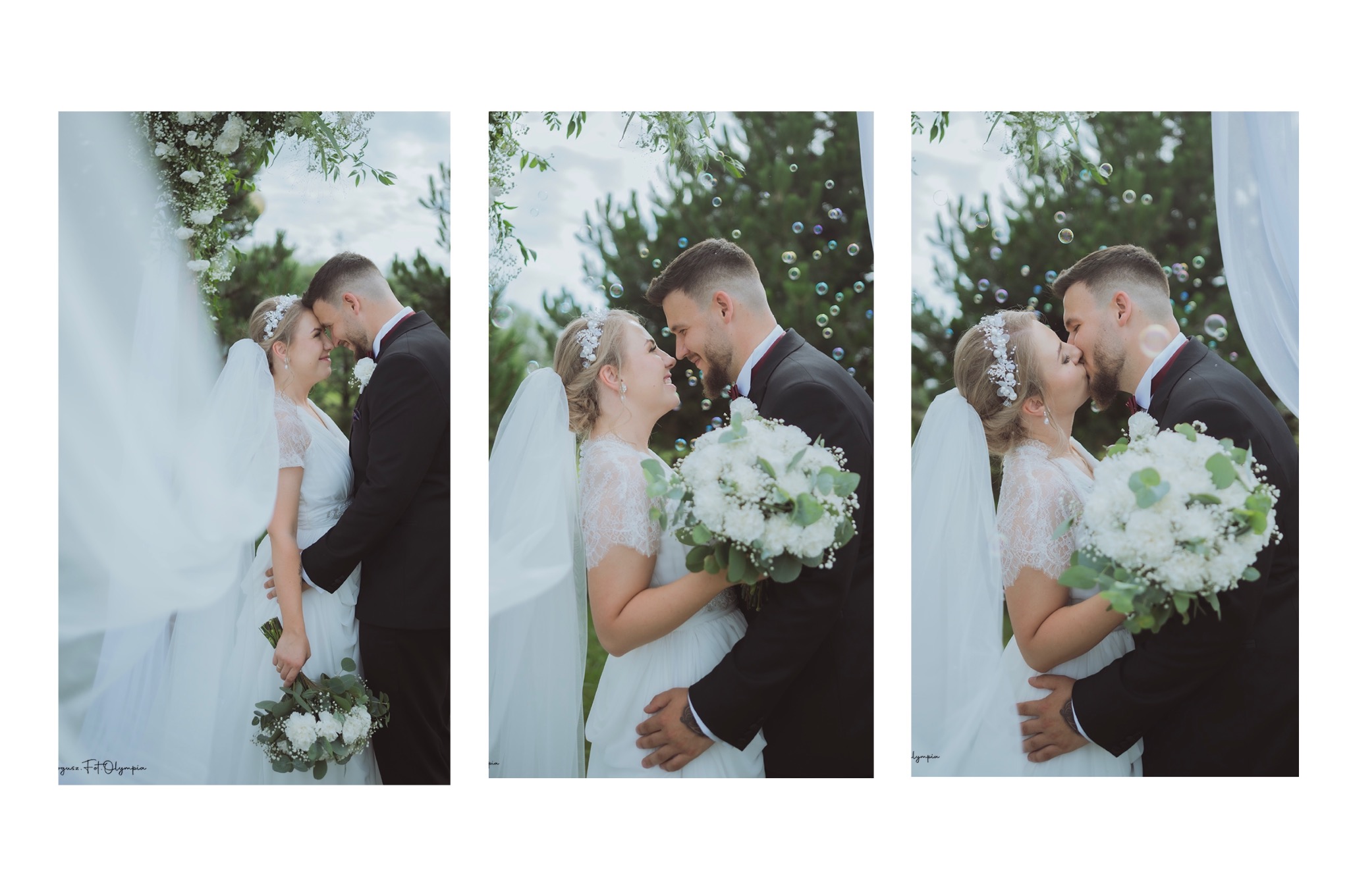 Kolaż z trzech ujęć pary młodej w plenerze: pocałunek pod kwiatową bramą, uśmiechy w otoczeniu baniek mydlanych, czułe objęcia. Suknia z koronką, bukiet.