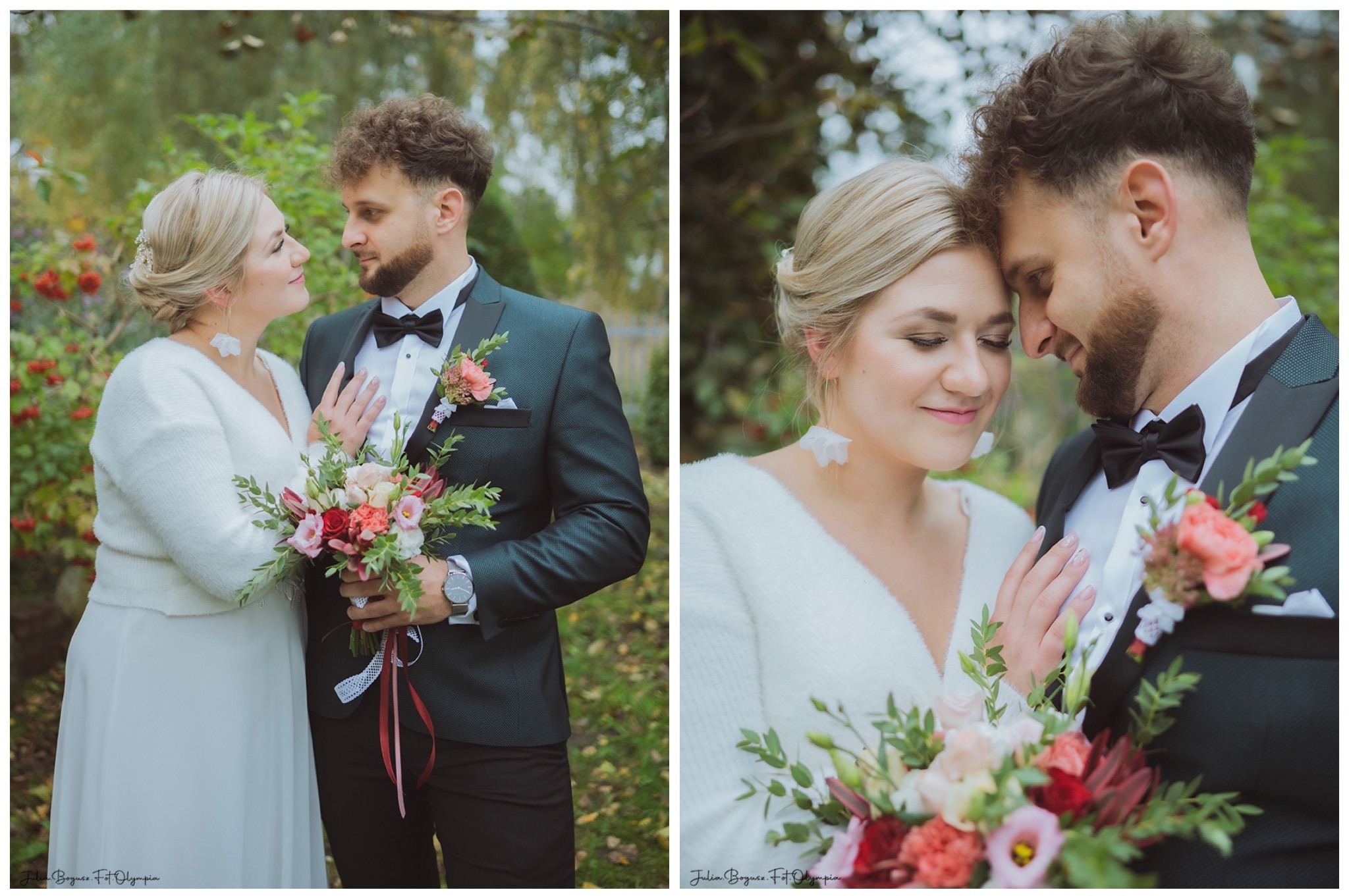 Para młoda w plenerze: on w ciemnym smokingu z butonierką, ona w białej sukni i swetrze, trzyma bukiet. Ujęcie z bliska, skupione na twarzach i kwiatach.