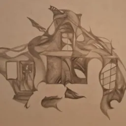 Ręczny szkic ołówkiem przedstawiający surrealistyczny dom z elementami architektonicznymi i organicznymi, na beżowym tle.