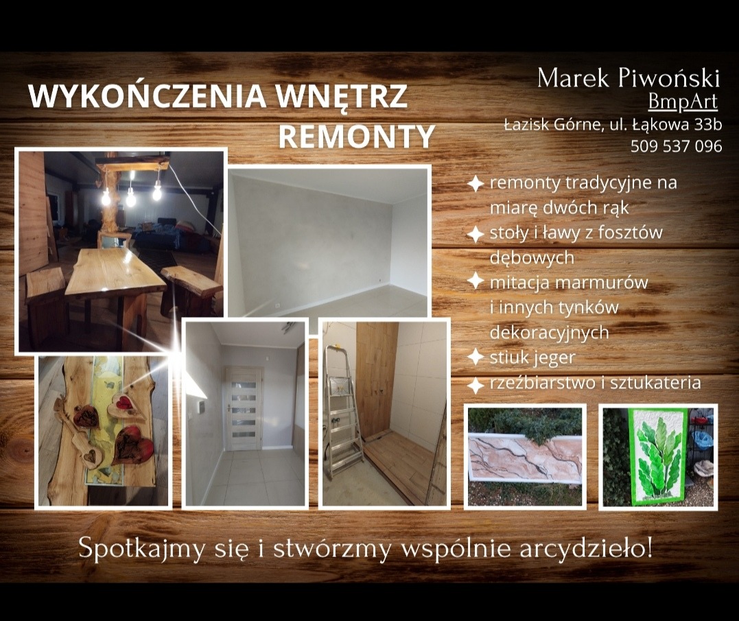 Wykończenia wnętrz i remonty: aranżacja z drewnianym stołem, gładzie, imitacja marmuru, stiuk, rzeźbiarstwo. Realizacje Marek Piwoński BmpArt.