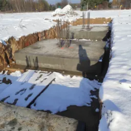 Zimowy krajobraz budowy: wykopane fundamenty z betonu i wystającymi prętami zbrojeniowymi, pokryte śniegiem, w tle drzewa i hałda ziemi.