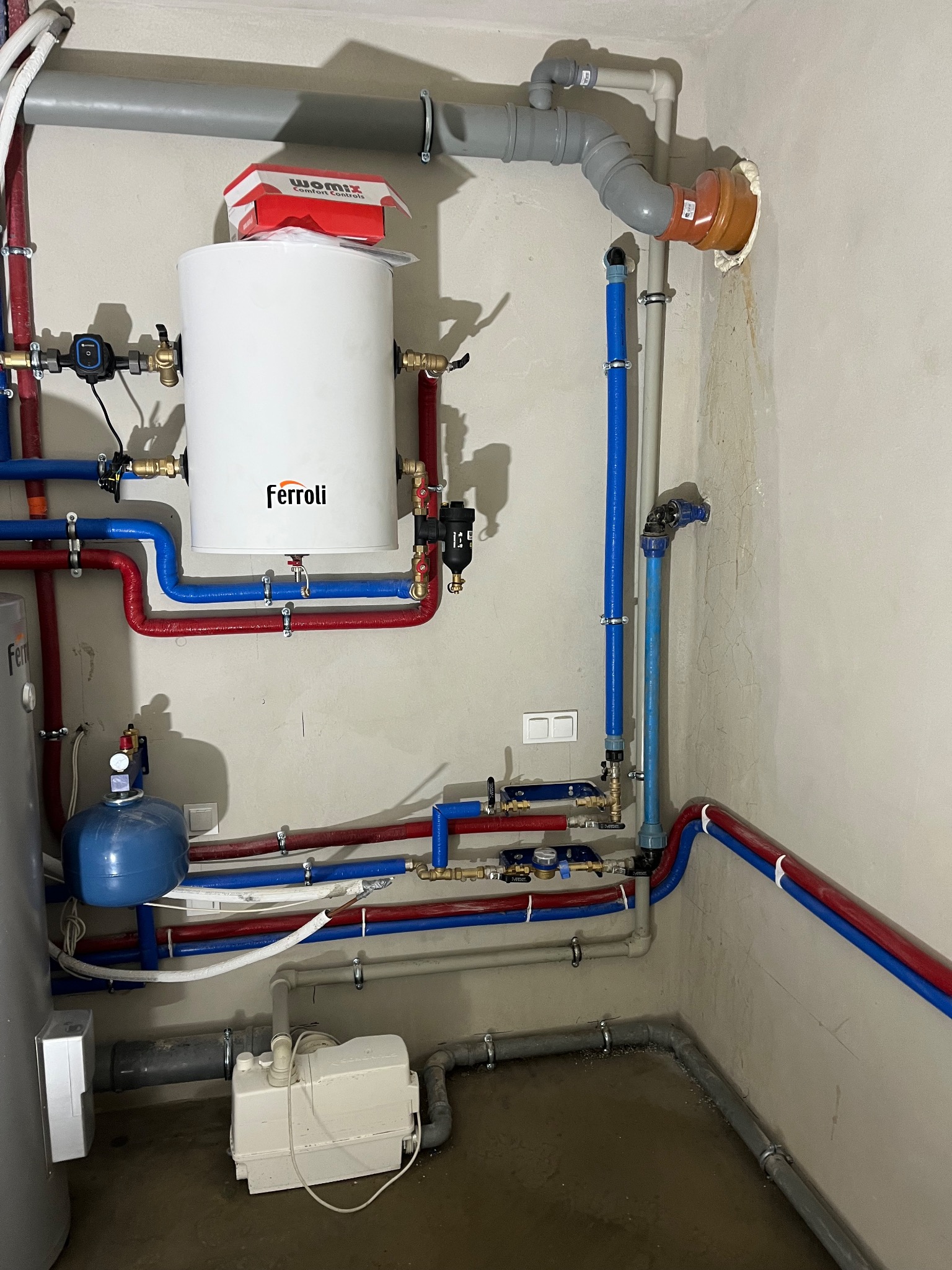 Biały bojler Ferroli z podłączonymi rurami (czerwone, niebieskie, szare) w kotłowni. Widoczne zawory, filtry, pompa i inne elementy instalacji.