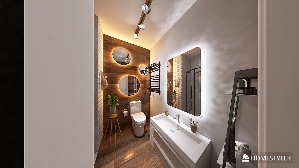 Nowoczesna łazienka z drewnianą ścianą, okrągłymi lustrami z podświetleniem LED i białymi elementami wyposażenia. Minimalistyczny design z akcentami roślinnymi.