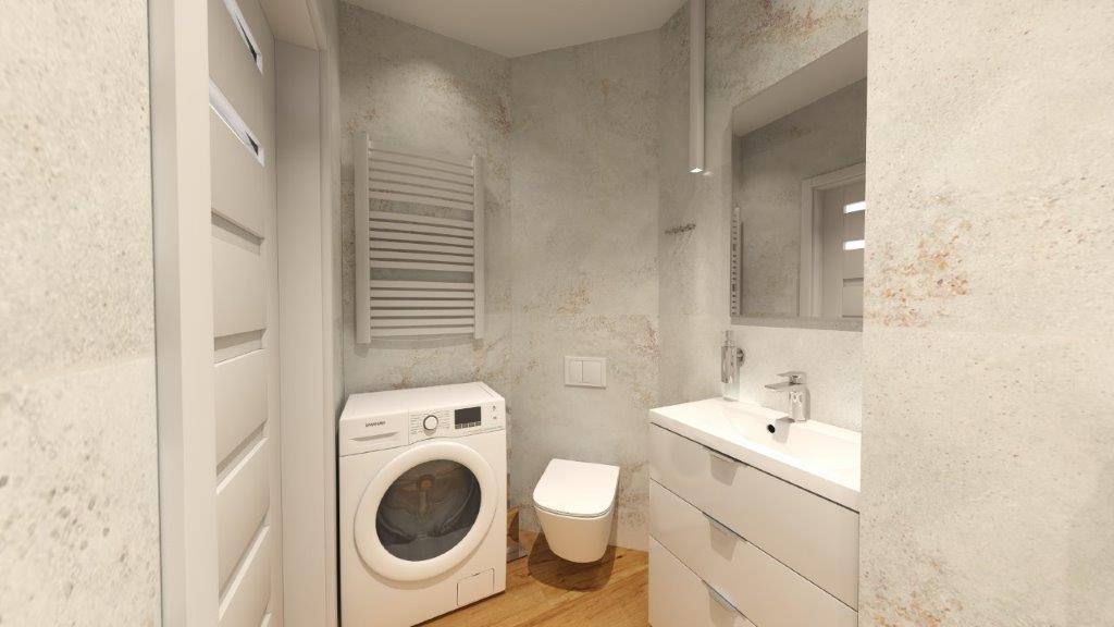 Nowoczesna łazienka z pralką, umywalką z szafką i grzejnikiem drabinkowym na ścianie z beżową teksturą. Minimalistyczny design, jasne kolory, drewniana podłoga.