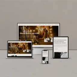 Prezentacja responsywnej strony internetowej 'Ślubna Historia' na monitorze, laptopie, tablecie i smartfonie, ukazująca parę młodą i detale ślubne.