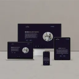 Responsywna strona internetowa biura rachunkowego wyświetlana na monitorze, laptopie, tablecie i smartfonie, z ciemnym motywem i grafiką Temidy.