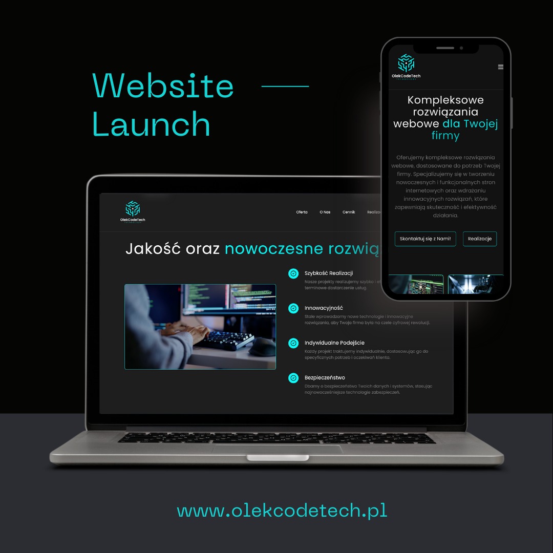 Laptop i smartfon prezentujące stronę internetową z hasłem 'Website Launch' i ofertą kompleksowych rozwiązań webowych, z widocznym fragmentem kodu na ekranie laptopa i przyciskami 'Skontaktuj się...
