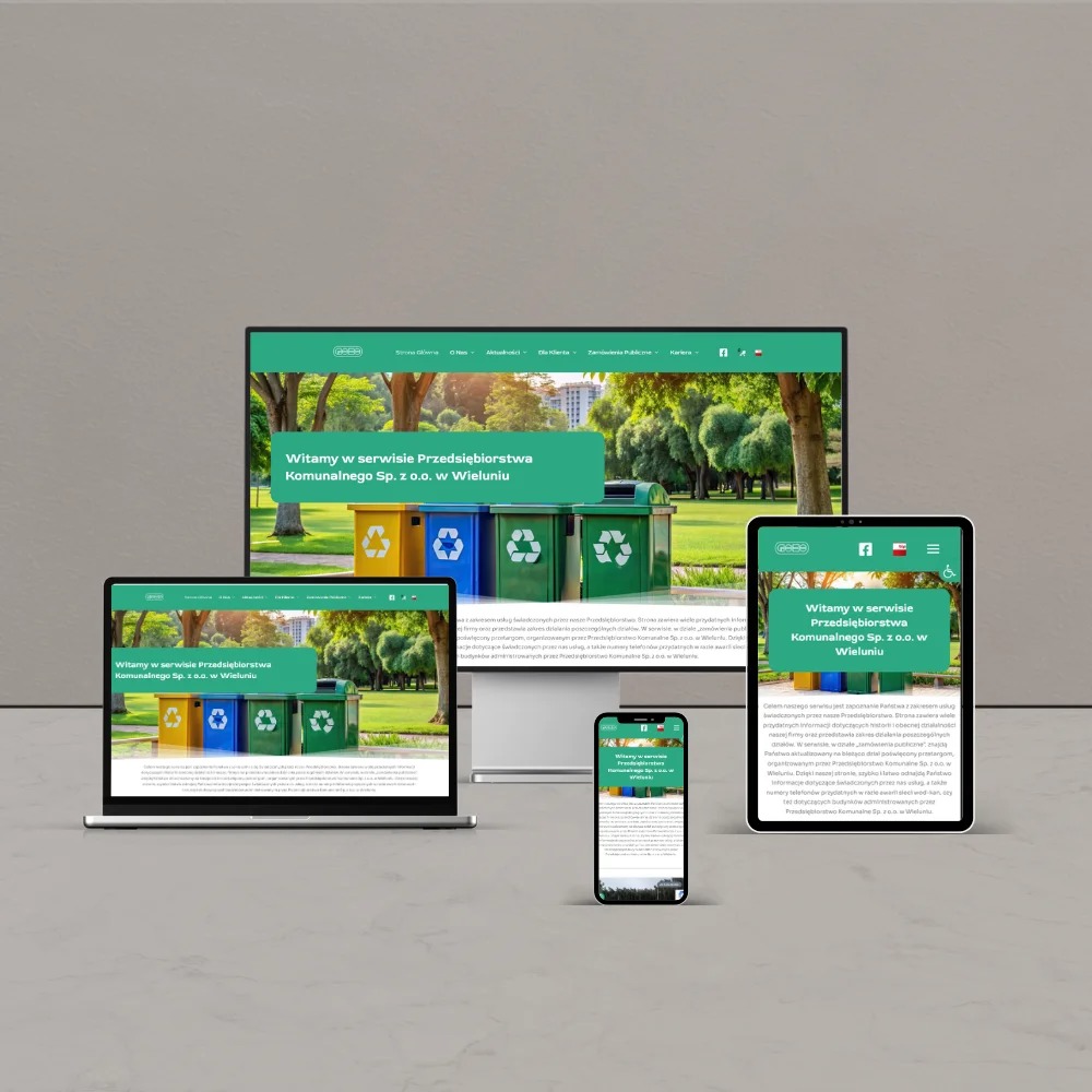 Responsywna strona internetowa Przedsiębiorstwa Komunalnego Sp. z o.o. w Wieluniu wyświetlana na monitorze, laptopie, tablecie i smartfonie, z widocznym nagłówkiem i grafiką przedstawiającą...