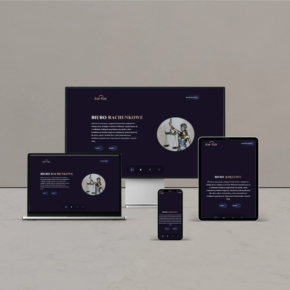 Responsywna strona internetowa biura rachunkowego wyświetlana na monitorze, laptopie, tablecie i smartfonie, z ciemnym motywem i grafiką Temidy.