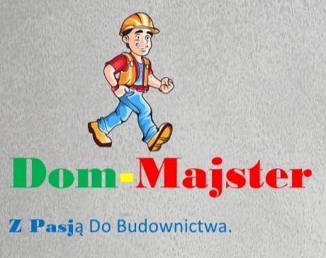 Rysunkowe logo firmy budowlanej Dom-Majster, przedstawiające uśmiechniętego budowlańca w kasku i kamizelce, z hasłem 'Z Pasją Do Budownictwa'.