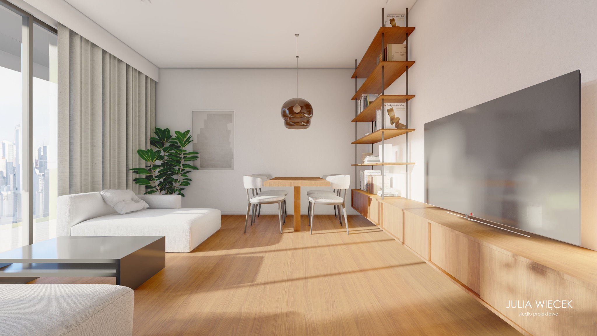 Wizualizacja jasnego salonu z drewnianą podłogą, białym narożnikiem, stołem z krzesłami i regałem na książki obok telewizora.