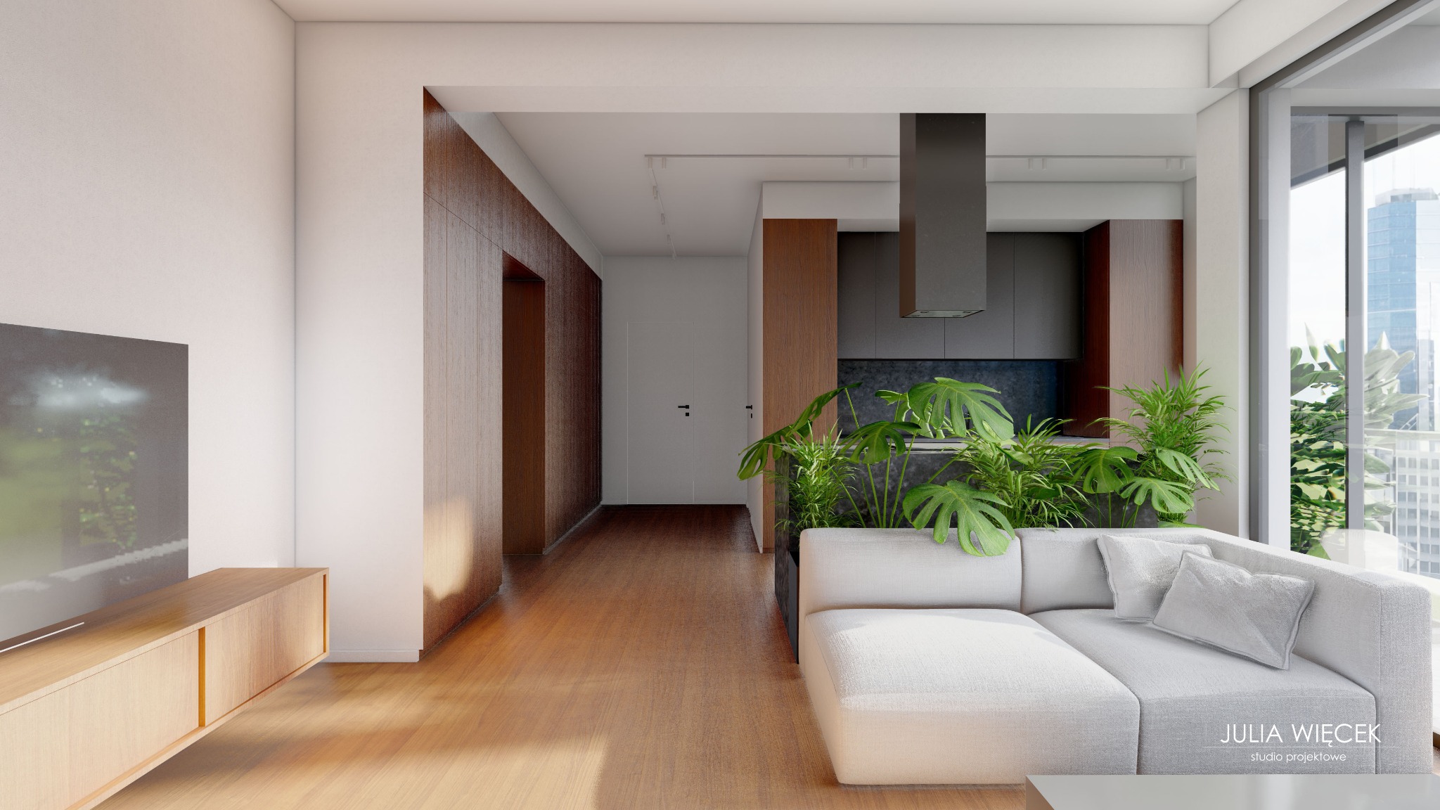 Wizualizacja salonu z aneksem kuchennym, jasna sofa narożna z poduszkami, rośliny doniczkowe, parkiet, telewizor na szafce RTV, widok na miasto przez okno.